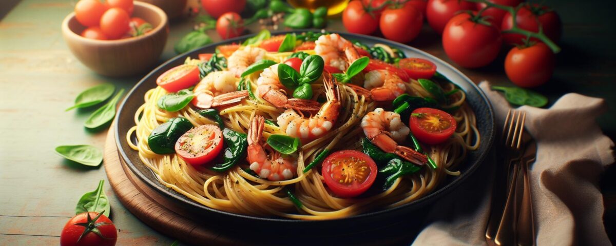 Deliciosa Receta de Linguine con Gambas, Tomates Frescos y Espinacas – Ideal para Cenas Familiares