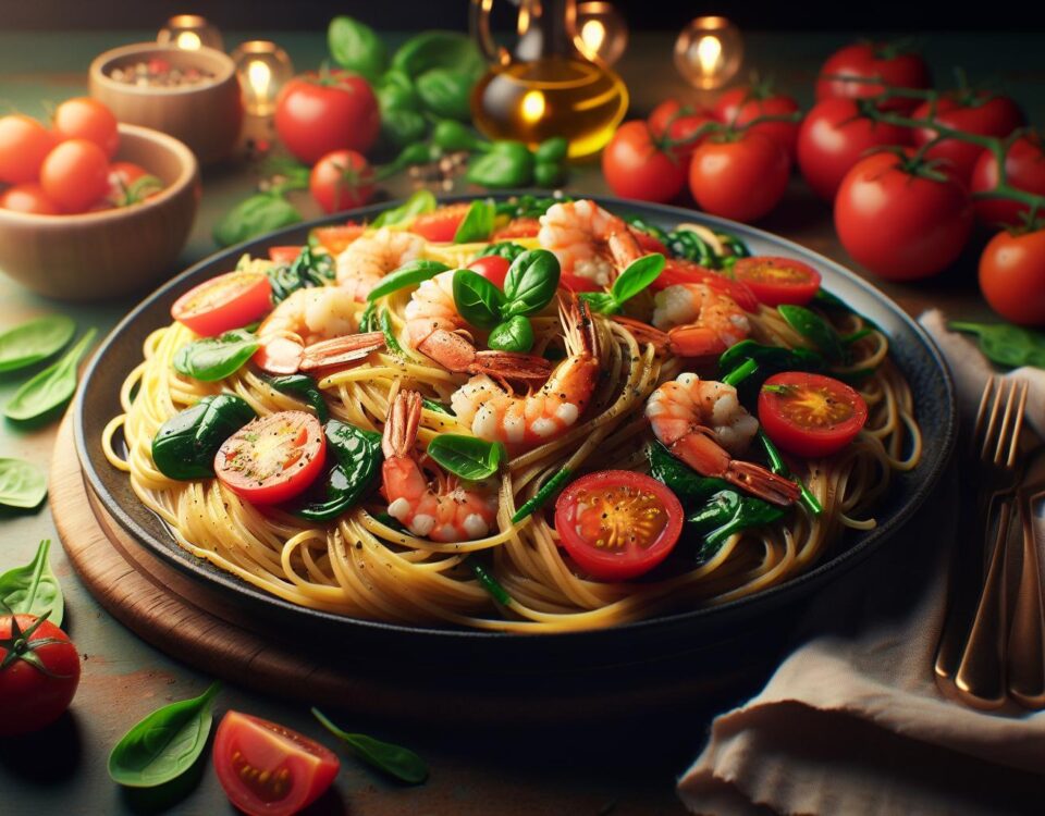 Deliciosa Receta de Linguine con Gambas, Tomates Frescos y Espinacas – Ideal para Cenas Familiares