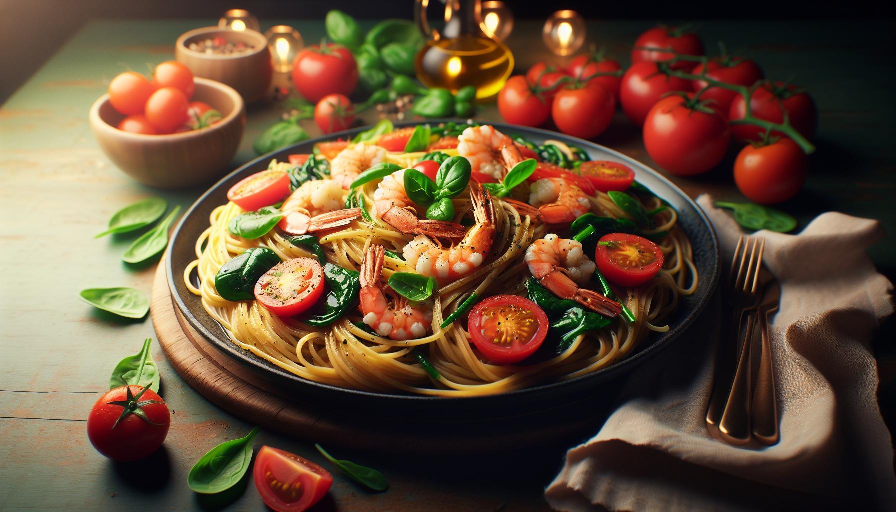 Deliciosa Receta de Linguine con Gambas, Tomates Frescos y Espinacas – Ideal para Cenas Familiares