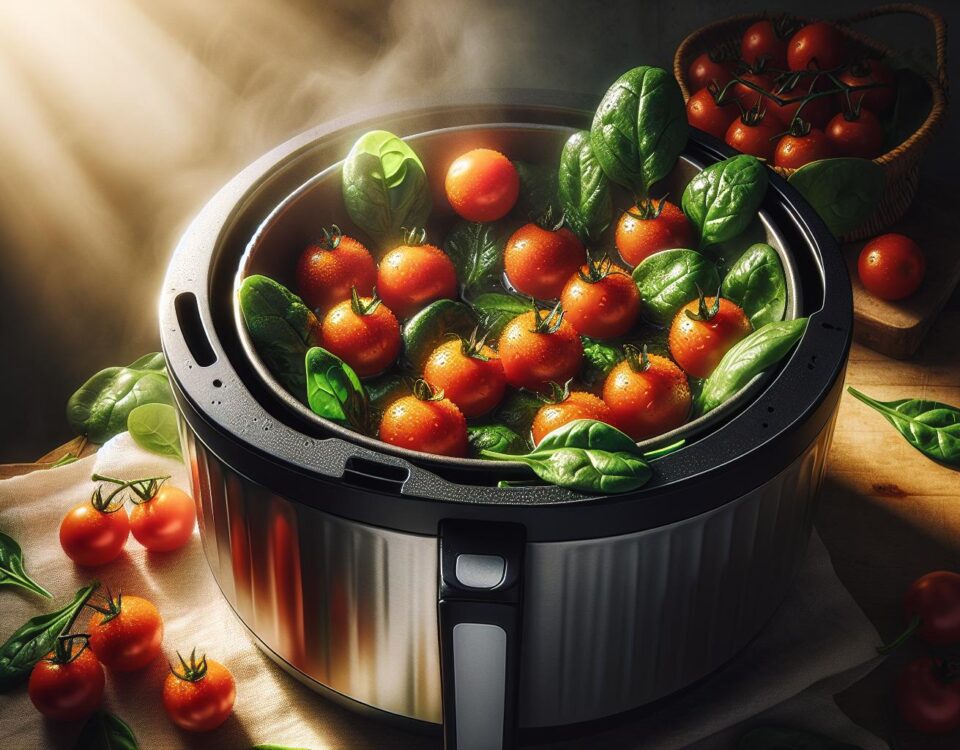 como cocinar tomates cherry y espinacas en freidora de aire para una cena ligera20240307192941 - Recetas de cocina 3 Bocados