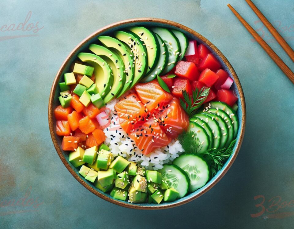 Poke Bowl colorido con salmón fresco y vegetales