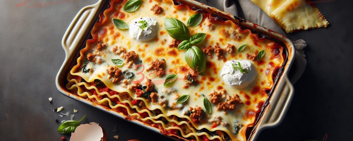 Deliciosa lasagna de carne y ricotta en fuente para horno