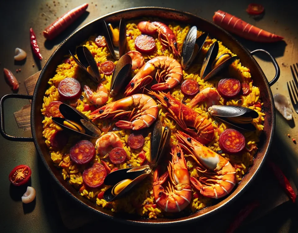 paella colorida al horno una receta mediterranea de arroz con marisco chorizo y azafran sabores de espana20240301093205 - Recetas de cocina 3 Bocados