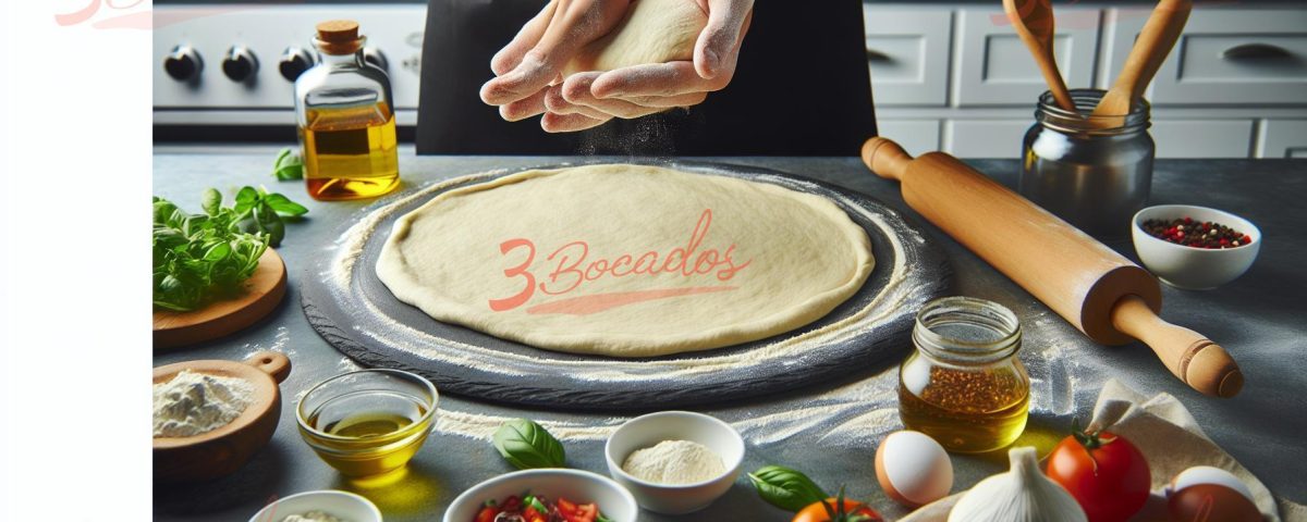 Masa de pizza fina casera extendida sobre una superficie de cocina