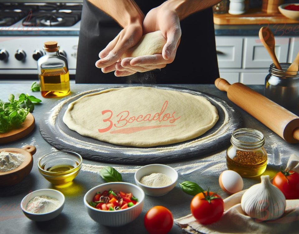 Masa de pizza fina casera extendida sobre una superficie de cocina