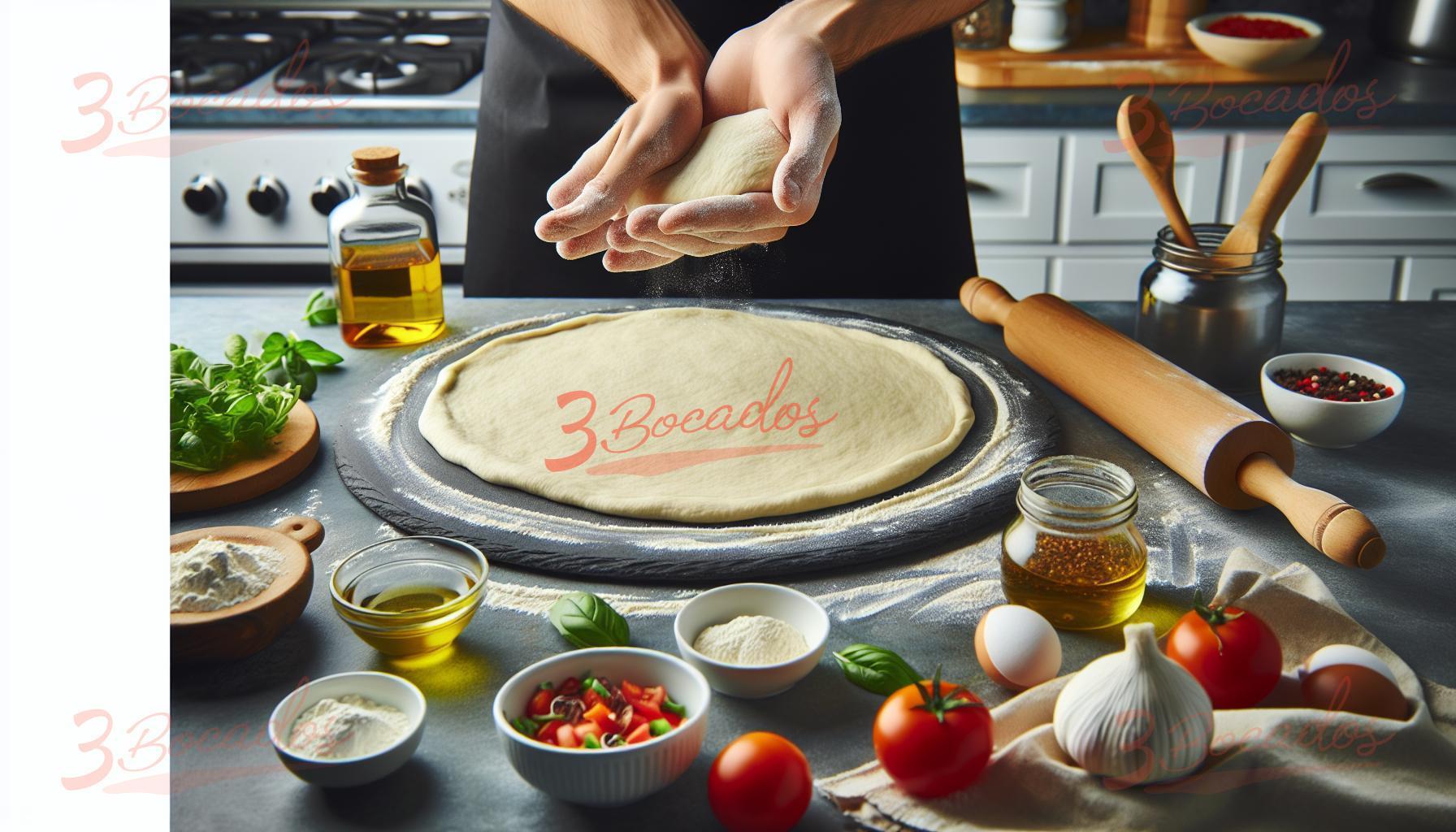 Masa de pizza fina casera extendida sobre una superficie de cocina