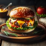 Hamburguesa gourmet con queso cheddar en mesa de madera