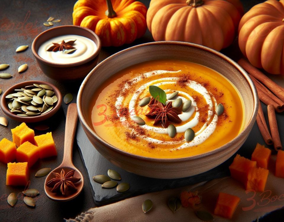 Deliciosa crema de calabaza especiada en un cuenco