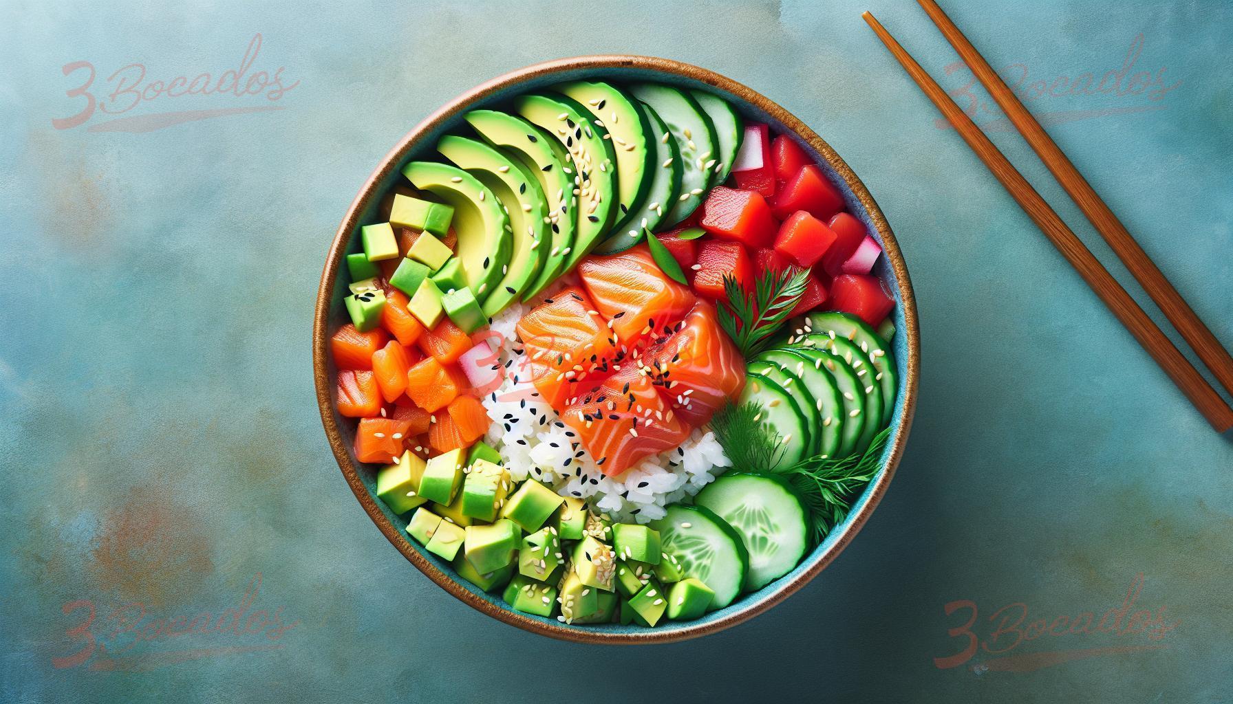 Poke Bowl colorido con salmón fresco y vegetales