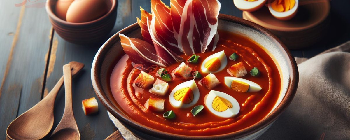 Delicioso plato de Salmorejo cordobés con huevo y jamón