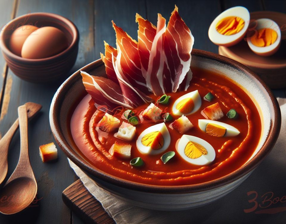 Delicioso plato de Salmorejo cordobés con huevo y jamón