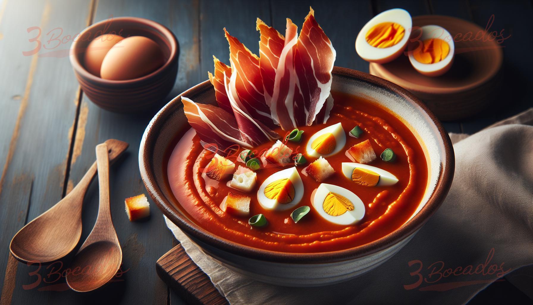 Delicioso plato de Salmorejo cordobés con huevo y jamón