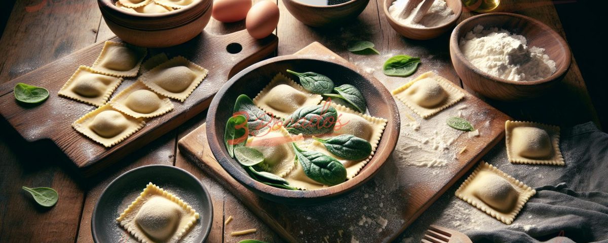 Raviolis caseros de ricotta y espinacas sobre una mesa de madera