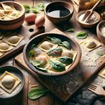 Raviolis caseros de ricotta y espinacas sobre una mesa de madera