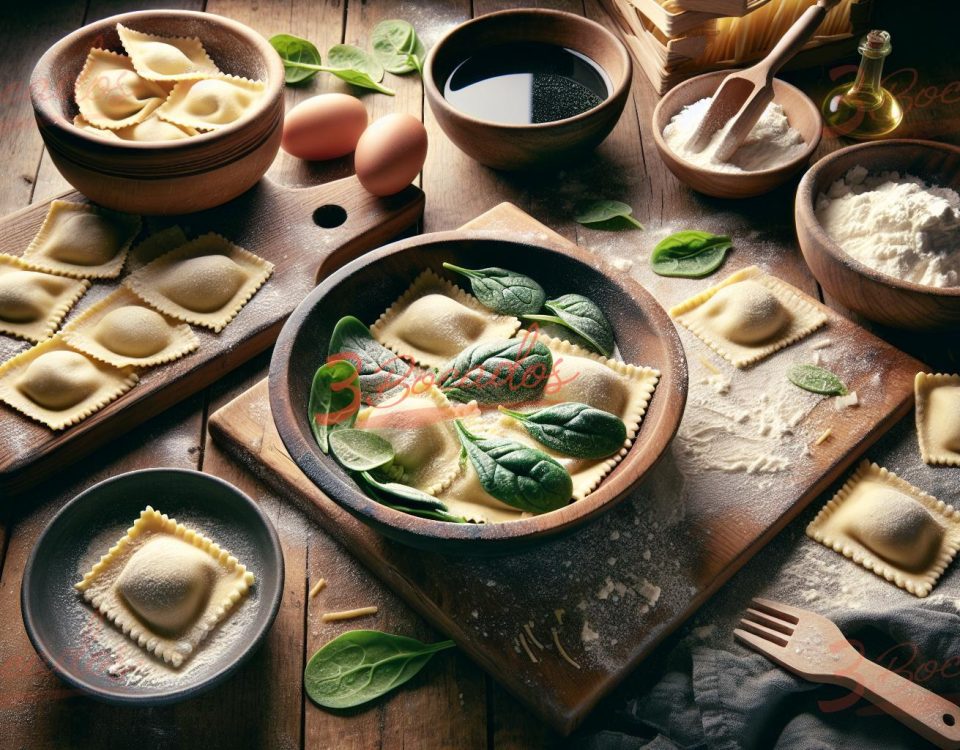 Raviolis caseros de ricotta y espinacas sobre una mesa de madera