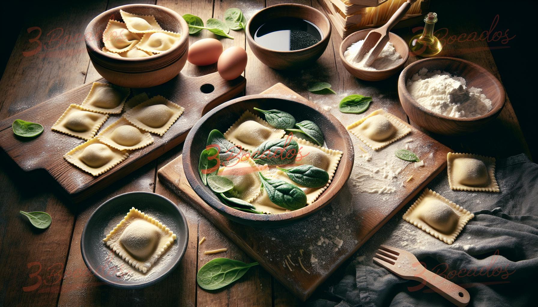 Raviolis caseros de ricotta y espinacas sobre una mesa de madera