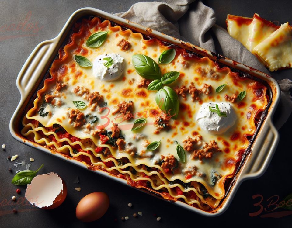 Deliciosa lasagna de carne y ricotta en fuente para horno