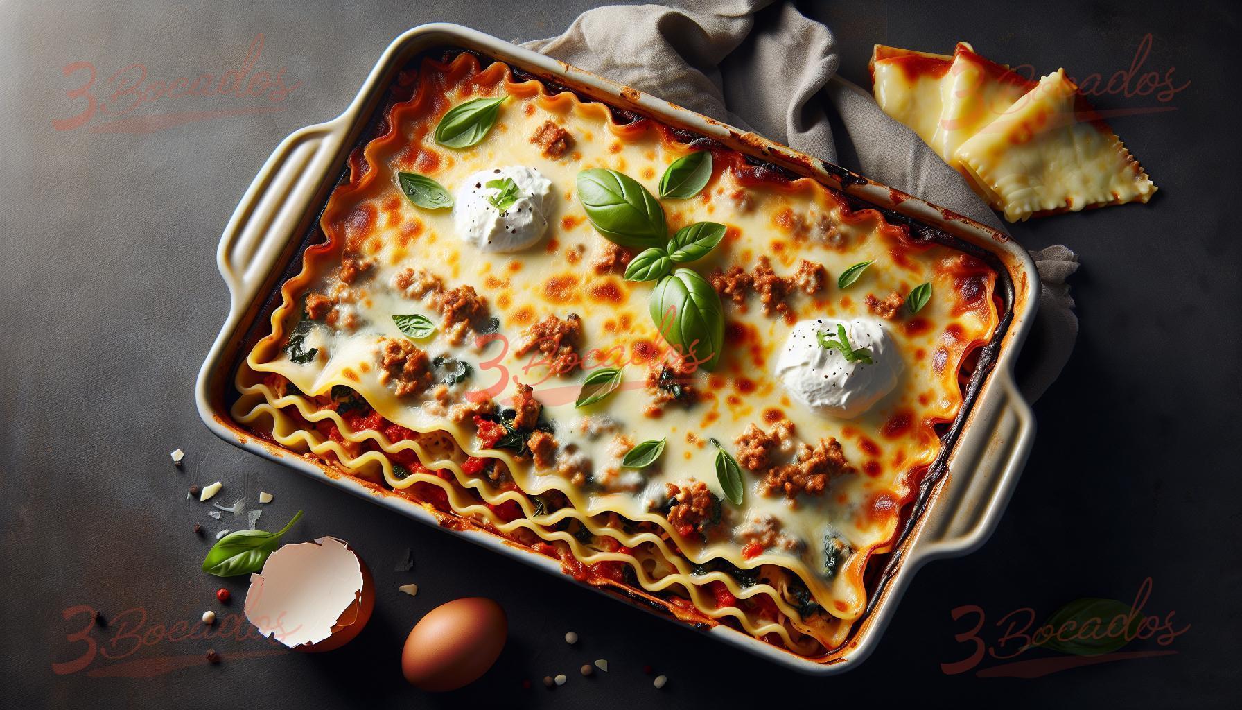 Deliciosa lasagna de carne y ricotta en fuente para horno