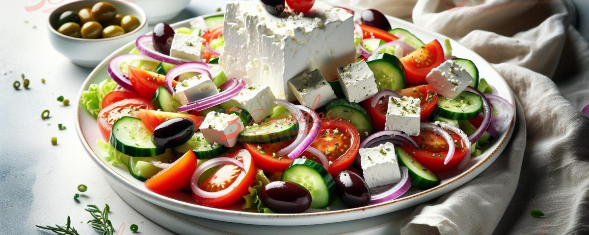 Ensalada Griega con Queso Feta en un plato blanco