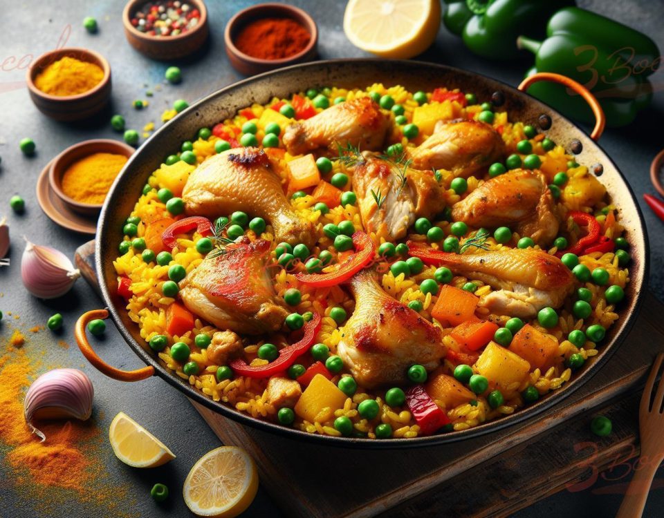 Deliciosa paella tradicional española en paellera