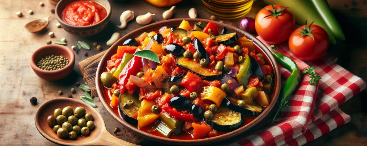 Plato colorido y tradicional de Caponata Siciliana